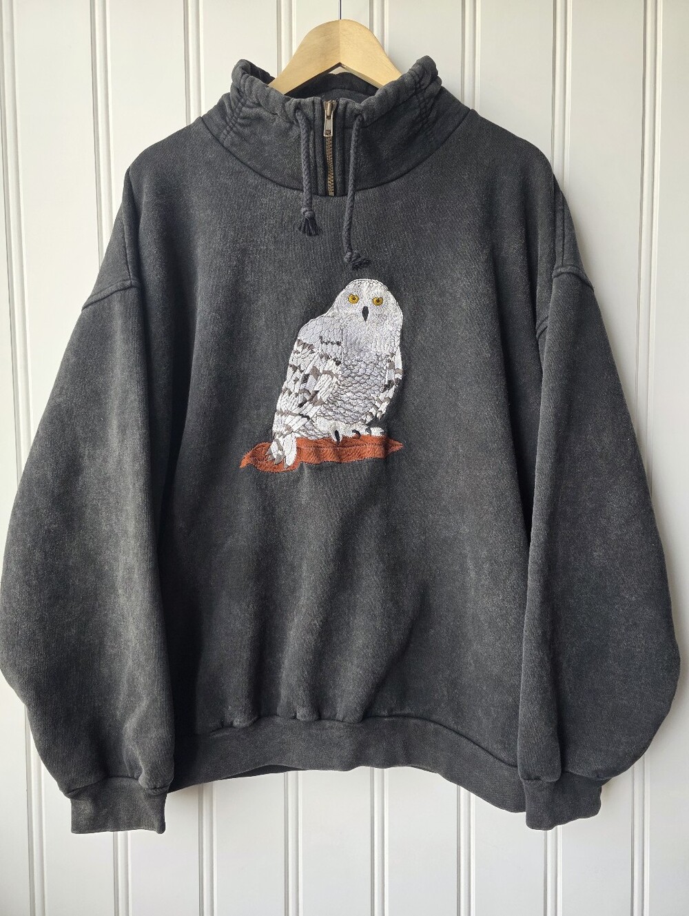 Vintage English Bay Sportswear 1/4 Zip Pullover Snowy Owl Sweater Unisex Large